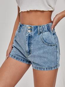 Shorts mezclilla de cintura alta - Azul lavado medio - Ver 3