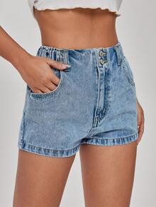 Shorts mezclilla de cintura alta - Azul lavado medio - Ver 4