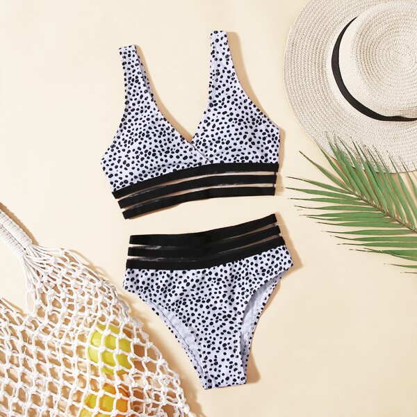 

Girls Dalmatian Mesh Trim Bikini Swimsuit, Black and white