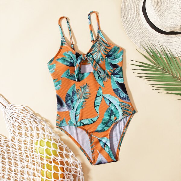 

Girls Plant Print Knot Front One Piece Swimsuit, Multicolor