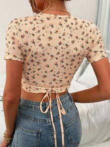 Surplice Neck Ditsy Floral Tie Back Top - Multicolor - View 2