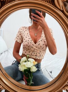 Surplice Neck Ditsy Floral Tie Back Top - Multicolor - View 4