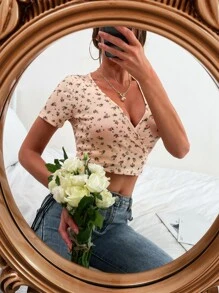 Surplice Neck Ditsy Floral Tie Back Top - Multicolor - View 7