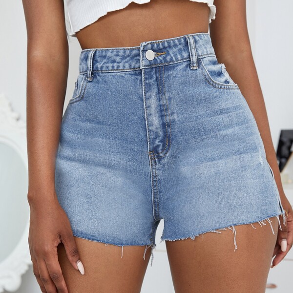 

High Waist Raw Hem Split Denim Shorts, Light wash