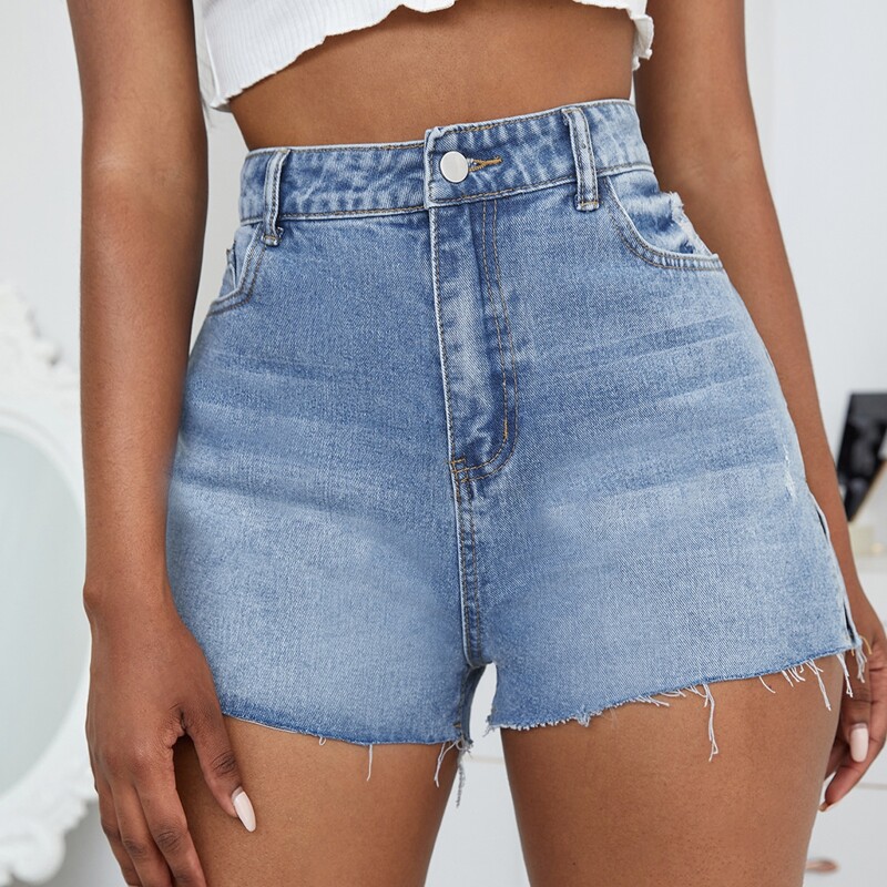 

High Waist Raw Hem Split Denim Shorts, Light wash