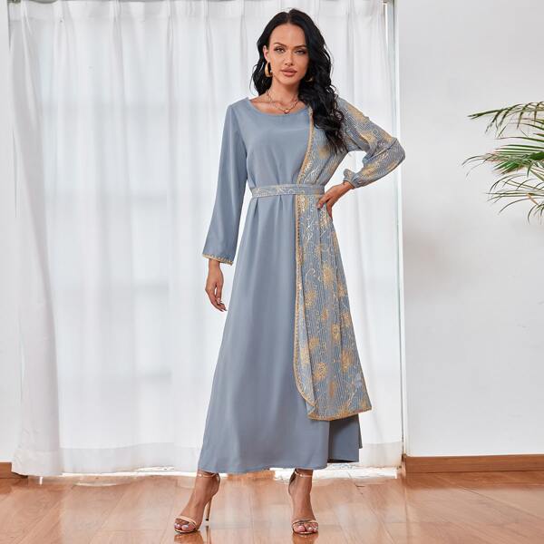 

Gold Graphic Print Belted Tunic Dress, Dusty blue