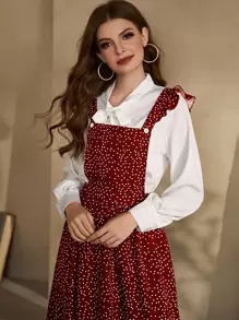 Seusyu Vestido overol ribete fruncido de lunares sin camisa - Burdeos - Ver 4