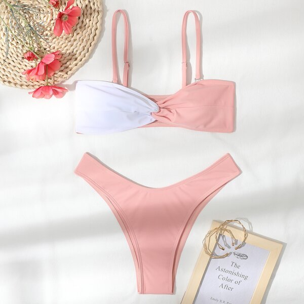 

Two Tone Twist High Cut Bikini Swimsuit, Baby pink