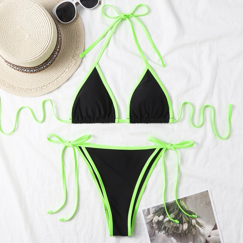 

Contrast Binding Triangle Thong Bikini Swimsuit, Black