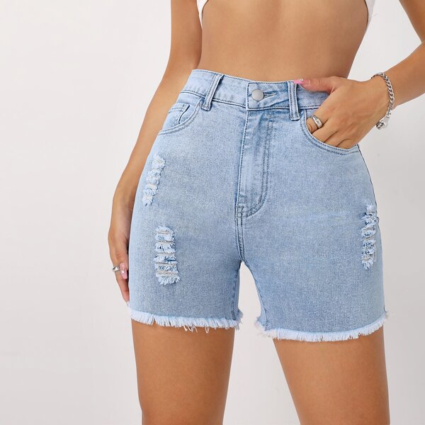 

Ripped Raw Hem Skinny Denim Shorts, Light wash