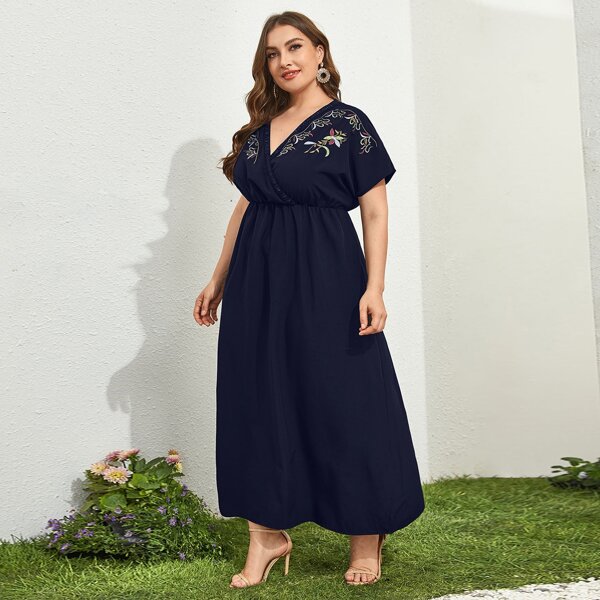 

Plus Floral Embroidered Wrap A-line Dress, Navy blue