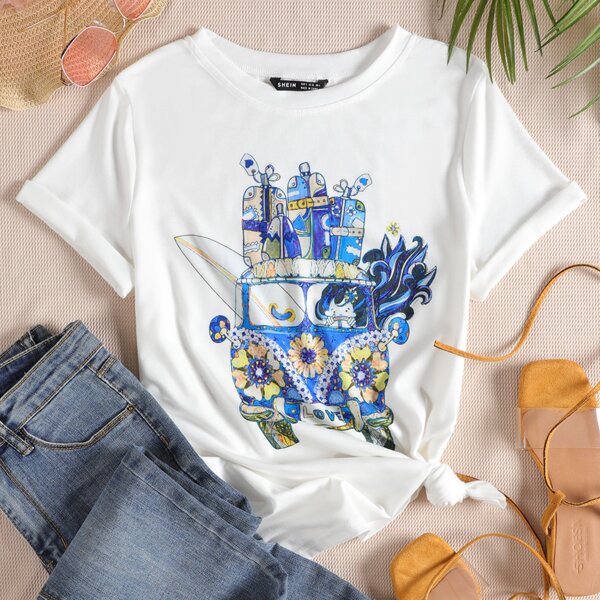 

Car And Floral Print Tee, White