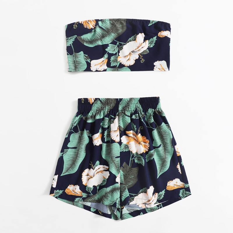 

Floral Print Bow Back Tube Top & Shorts, Multicolor