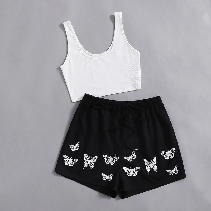 

Solid Ribbed Tank Top & Butterfly Graphic Drawstring Shorts, Black and white