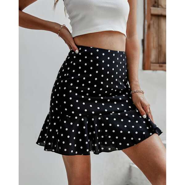 

Polka Dot Ruffle Hem Skirt, Black