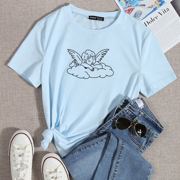 

Angel Graphic Round Neck Tee, Baby blue