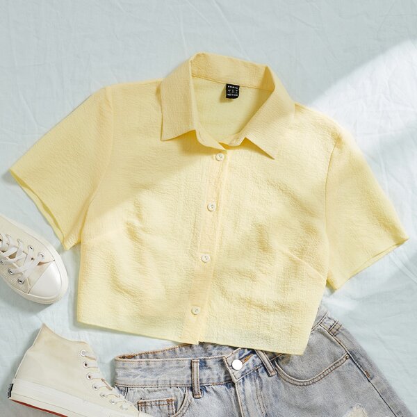 

Solid Button Front Crop Blouse, Yellow