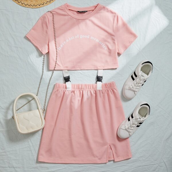 

Letter Graphic Tee & Buckle Detail Slit Hem Skirt Set, Dusty pink