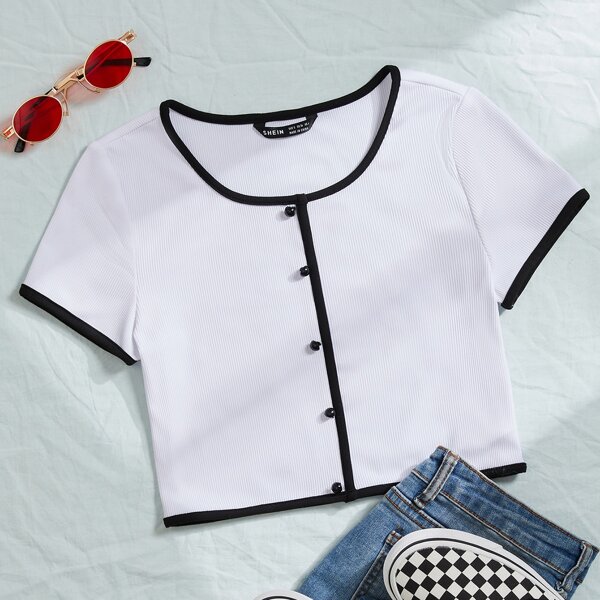 

Button Front Contrast Binding Rib-knit Tee, White
