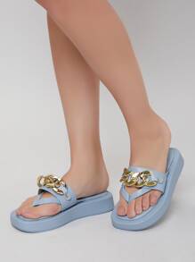 Vegan Leather Chain Detailing Toe-Thong Sandals - Dusty Blue - View 1