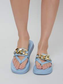 Vegan Leather Chain Detailing Toe-Thong Sandals - Dusty Blue - View 3