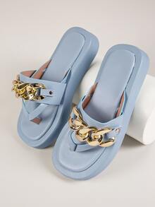 Vegan Leather Chain Detailing Toe-Thong Sandals - Dusty Blue - View 4