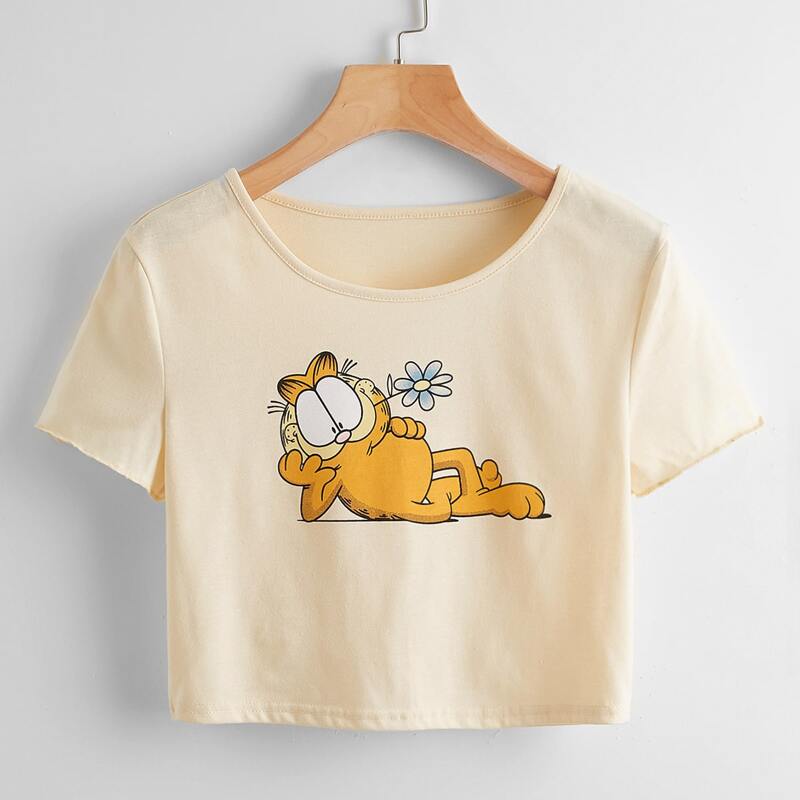 

Cartoon Graphic Crop Tee, Beige