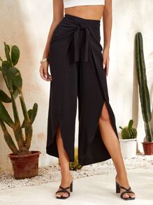 SHEIN Wrap Tie Front Palazzo Trousers - Black - View 1