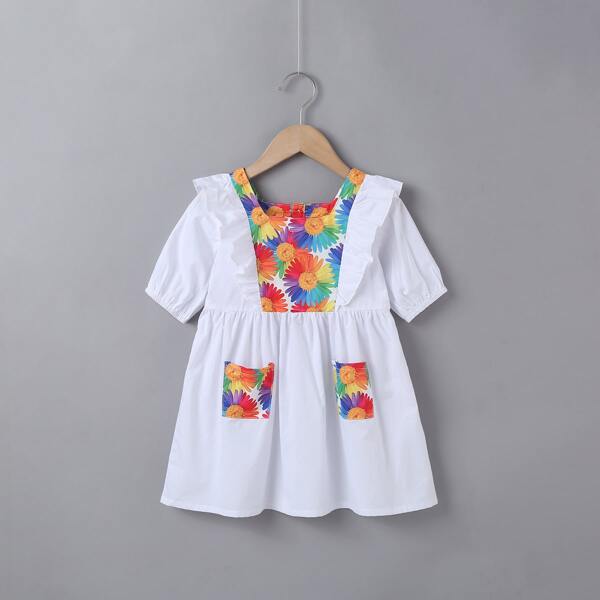 

Toddler Girls Contrast Floral Panel Smock Dress, White