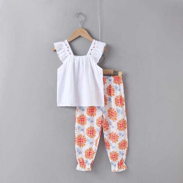 

Toddler Girls Floral Embroidery Ruffle Cami Top & Pants, Multicolor