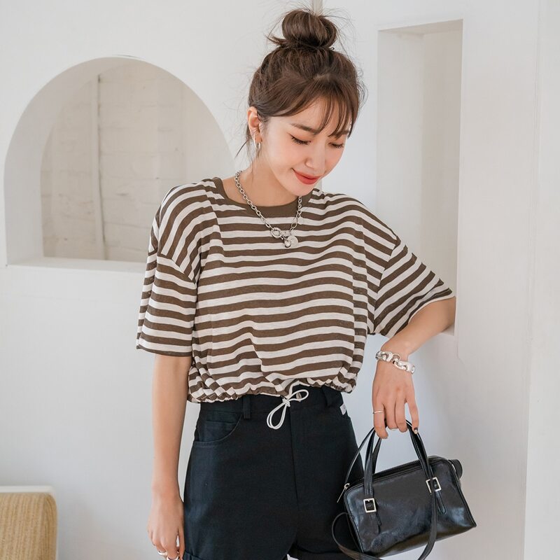 

Striped Drawstring Hem Crop Tee, Multicolor
