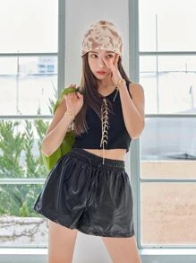 DAZY Áo crop top buộc dây phía trước dành cho nữ - màu đen - Xem 4
