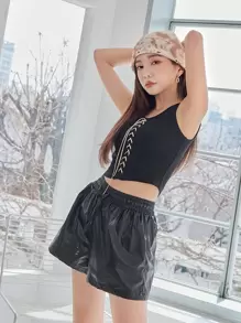DAZY Áo crop top buộc dây phía trước dành cho nữ - màu đen - Xem 7