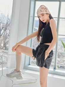 DAZY Áo crop top buộc dây phía trước dành cho nữ - màu đen - Xem 8