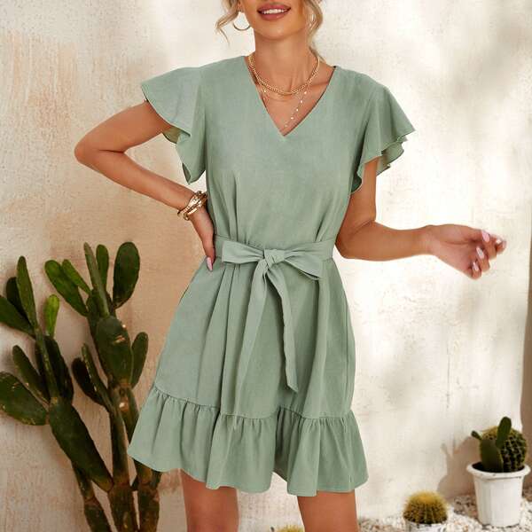 

Butterfly Sleeve Ruffle Hem Belted Dress, Mint green