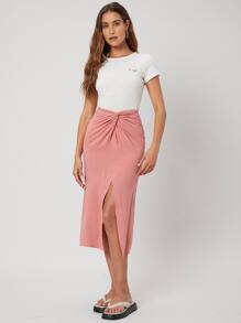 SHEIN Unity Linen Split Twist Skirt - Coral Pink - View 3