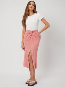 SHEIN Unity Linen Split Twist Skirt - Coral Pink - View 4