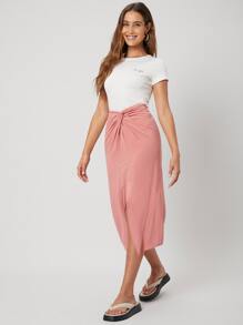 SHEIN Unity Linen Split Twist Skirt - Coral Pink - View 5