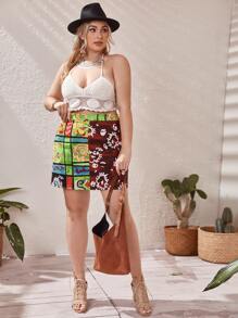 SHEIN VCAY Falda con cremallera lateral con estampado de retazo - Multicolor - Ver 4