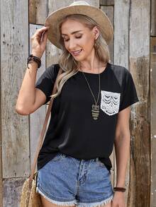 EMERY ROSE Contrast Lace Patch Pocket Tee - Black - View 5