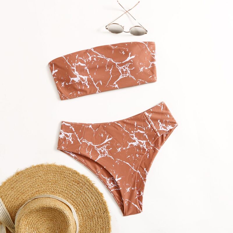 

Marble Print Bikini Swimsuit, Coral orange