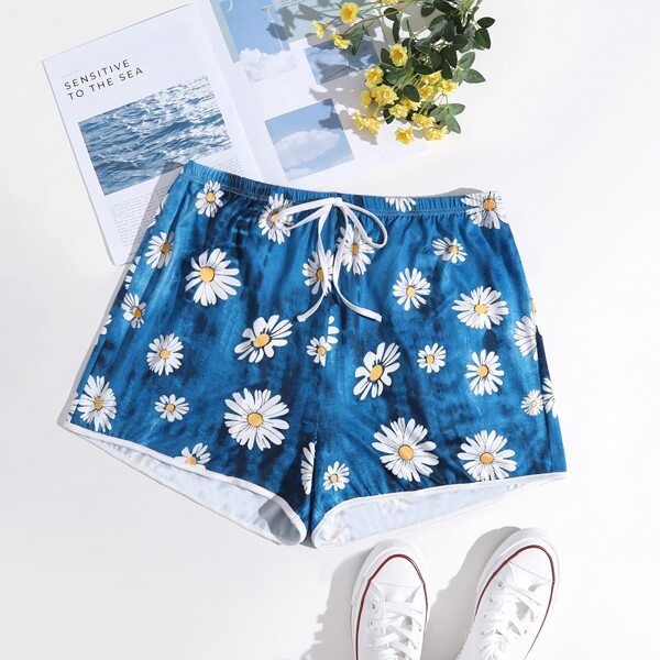 

Plus Floral Print Tie Front Shorts, Blue