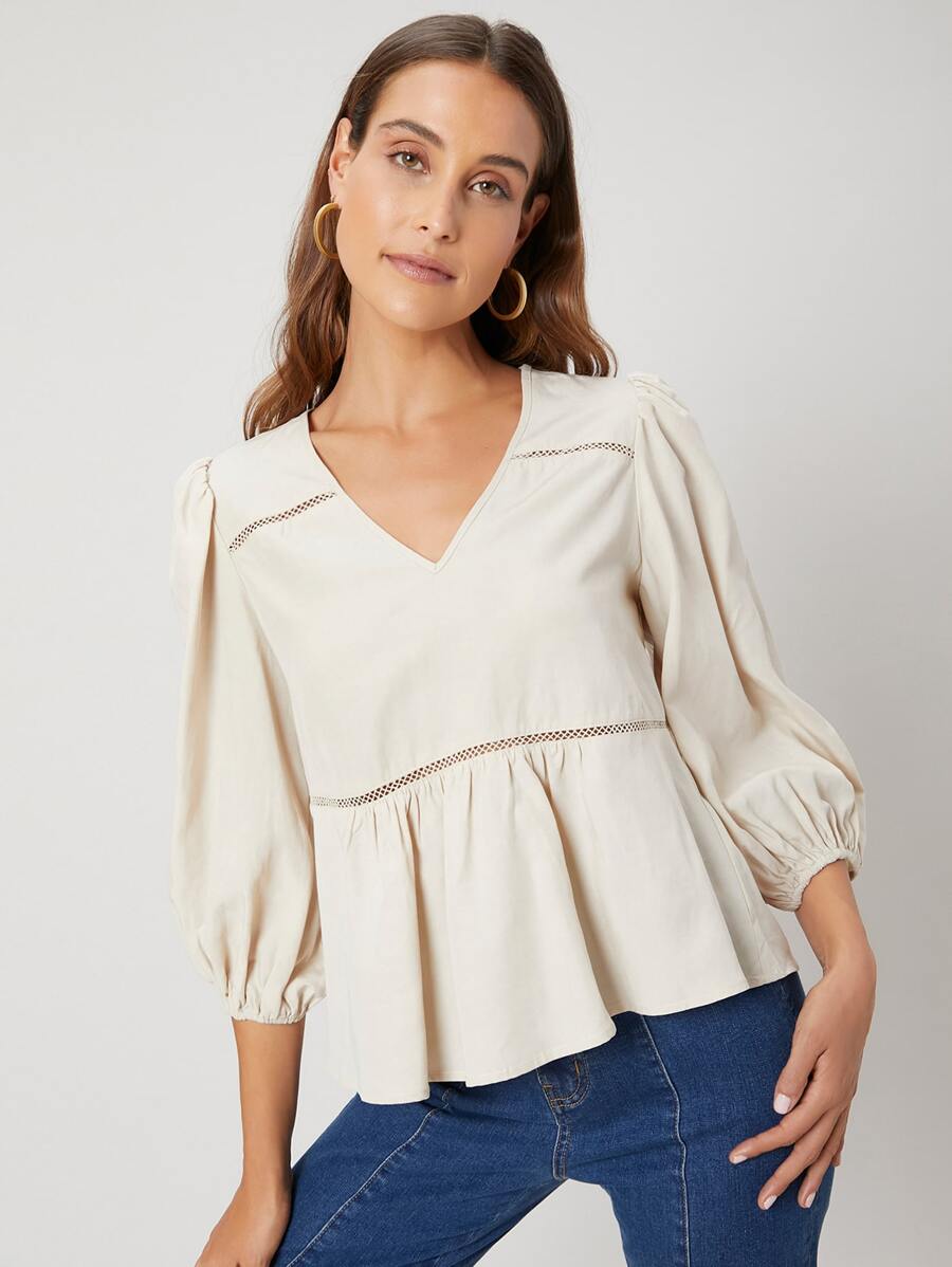 SHEIN Linen Peplum Top - Beige - View 1