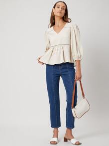 SHEIN Linen Peplum Top - Beige - View 5