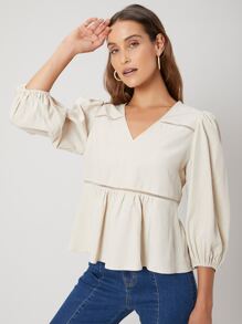 SHEIN Linen Peplum Top - Beige - View 7
