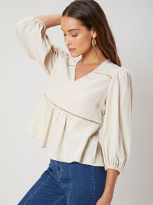 SHEIN Linen Peplum Top - Beige - View 9