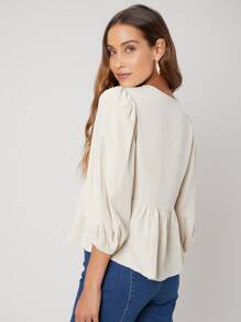 SHEIN Linen Peplum Top - Beige - View 10