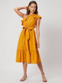 SHEIN 亞麻單肩腰帶連衣裙 - 芥末黃 - 查看 1