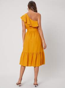 SHEIN 亞麻單肩腰帶連衣裙 - 芥末黃 - 查看 2