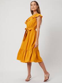 SHEIN 亞麻單肩腰帶連衣裙 - 芥末黃 - 查看 3